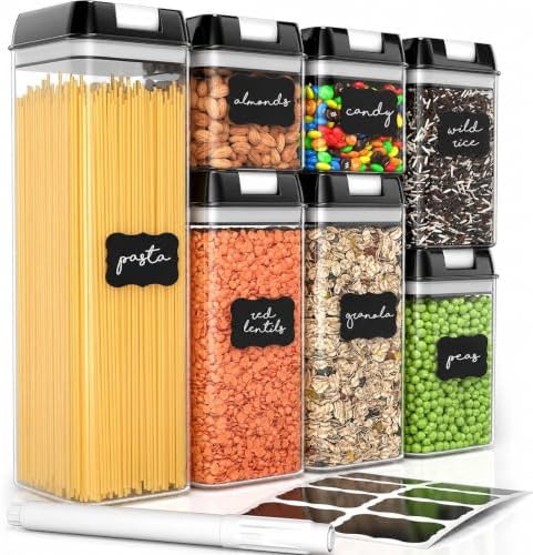 Airtight Food Storage Containers with Lids – 7 Piece Assorted Size Kitchen Pantry Organization Set, BPA-Free Clear Plastic, Stackable Containers for Cereal, Flour, Sugar, Rice, Snacks