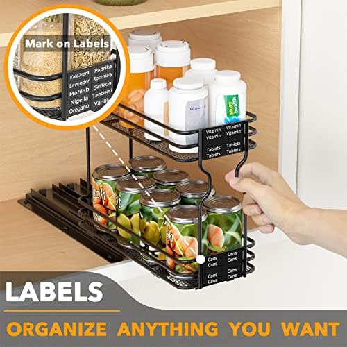 Pull Out Spice Rack Organizer for Cabinet, Heavy Duty Slide Out Seasoning Kitchen Organizer, Cabinet Organizer, with Labels, 4.5" W x10.75 D x8.5 H, 1 Drawer 2-Tier