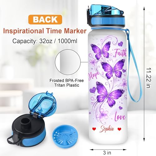 Personalized Purple Butterfly Water Bottle - 32oz Motivational Water Bottle with Leak-Proof Lid & Time Marker - Custom Name Gift for Butterfly Christ Lovers Women - Birthday & Christmas Gift