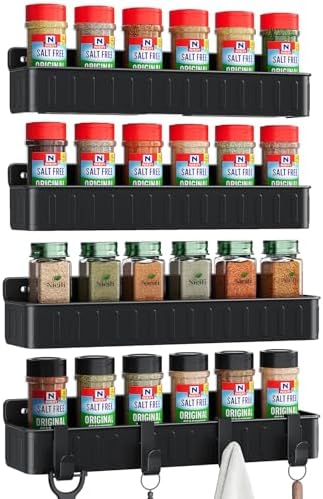 Spice Rack Wall Mount, 4 Pack Black, 2" Depth, Screw/Adhesive