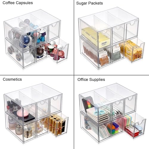6 Drawers Tea Bag Organizer Box, Acrylic Stackable Tea Bag Storage Holder for Kitchen Pantry, Clear Coffee Pod Snack Storage Box for Countertop Cabinet