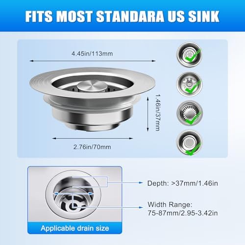 Kitchen Sink Drain Strainer 3-in-1,Pop-Up Stopper & Anti-Clogging Basket - 304 Stainless Steel Sink Strainer Anti-Clogging Sink Drain Strainer for US Standard Kitchen Drain