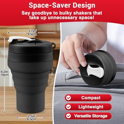 Collapsible Protein Shaker Bottle: 20 Oz Travel-Friendly Shaker Cup, Black - Image 2