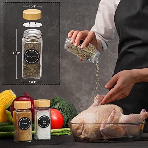 36 Pcs Glass Spice Jars with Bamboo Lids, 4 oz Glass Jars with Minimalist Farmhouse Spice Labels Stickers, Collapsible Funnel, Seasoning Storage Bottles for Spice Rack, Cabinet, Drawer