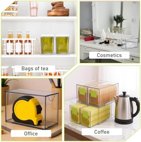 6 Pack Clear Acrylic Tea Bag Organizer Drawer, Stackable Tea Bag& Coffee Storage Container, Multi-Purpose Drawer Organizer for Drawer, Cabinet, Pantry, Kitchen, Countertop