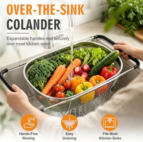Over the Sink Colander, Stainless Steel Fine Mesh, 6 Quart 2 Pack