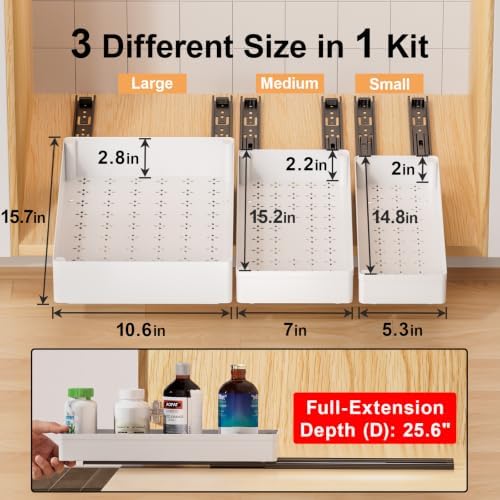 3 Pack Pull Out Cabinet Organizer, 15.7"Deep Pull Out Drawers for Cabinets, Slide Out Drawers for Kitchen Cabinets, Bathroom Cabinet Organizer, Pantry (White)