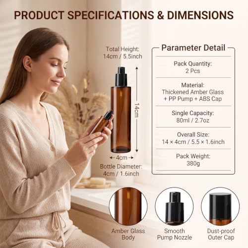 2 PCS 80/2.7oz Amber Glass Travel Bottles with Black Pump, Leakproof Lotion Dispenser for Essential Oil, Cream, Shampoo, Body Wash & Travel Toiletries - Image 2