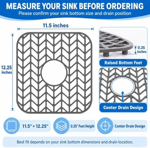 Silicone Sink Protectors for Kitchen Sink, 12" x 11" Mat for bottom of sink, Center Drain Hole, Protect from Stains, Scratches, Dishwasher Safe Grid for Kitchen (2 Pack, Gray)
