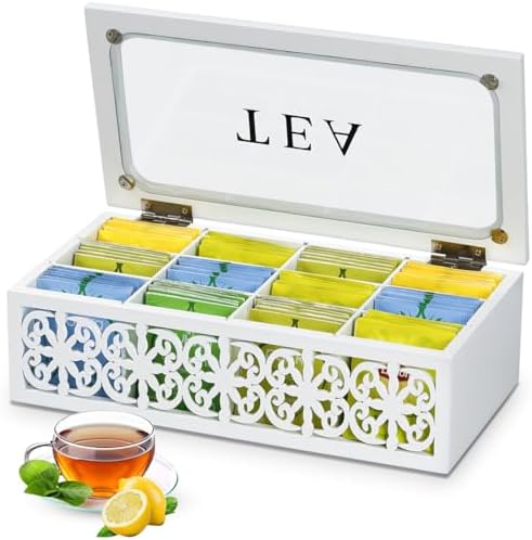 Tea Box Organizer, 12-Slot Wood Tea Bag Storage