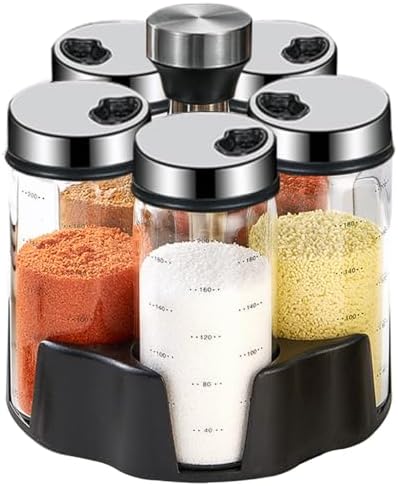 Revolving Spice Rack Organizer, Rotating Seasoning Holder Shelf with 5 Large 200ml Glass Jars for Kitchen Countertop Cabinet