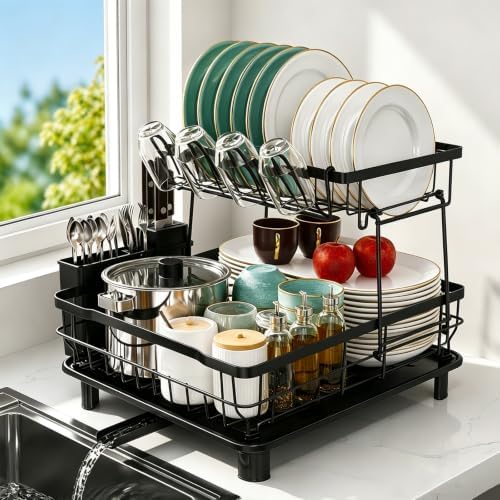 2-Tier Multifunctional Dish Drying Rack, Sturdy and Space-Saving