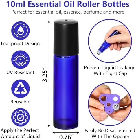KEYWING 10ml Blue Glass Roller Rottles for Essential Oils, 54 Pack - Image 3
