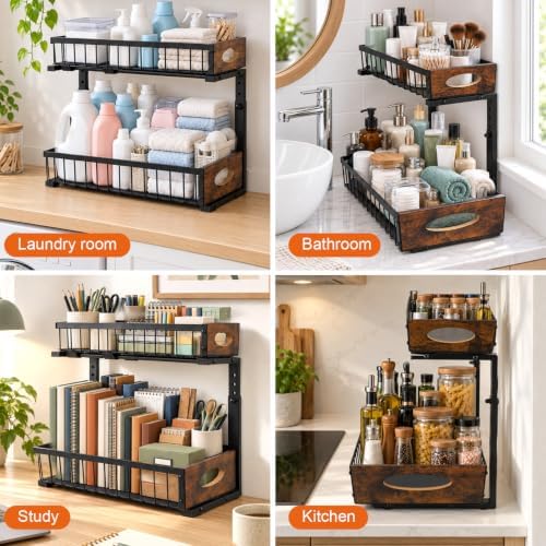 2 Pack Under Sink Organizer, Heavy Duty 2 Tier Pull Out Cabinet Organizer