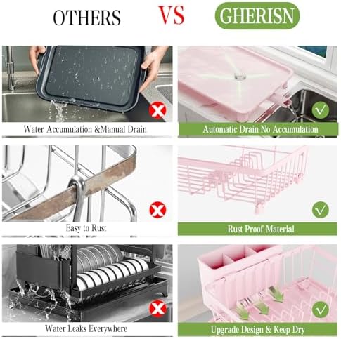 Dish Drainer Rack with Drip Tray, Sink Dish Drainer with Drainage Spout, Stainless Steel Dish Drying Rack with Cups, Utensil & Cutting Board Holders for Kitchen Counter Space-Saving, Pink