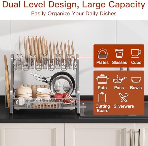 2 Tier Large Stainless Steel Dish Drying Rack for Kitchen Counter