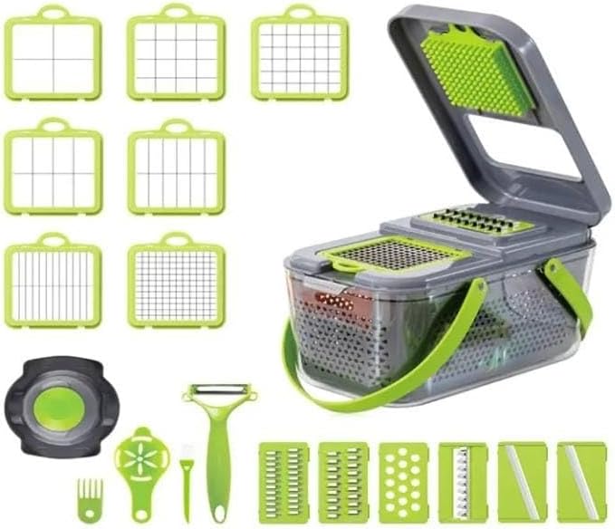 22-in-1 Multifunctional Vegetable Slicer Chopper with Container, Manual Food Dicer Set, Green and Gray, Includes Peeler and Grater Blades - Image 4