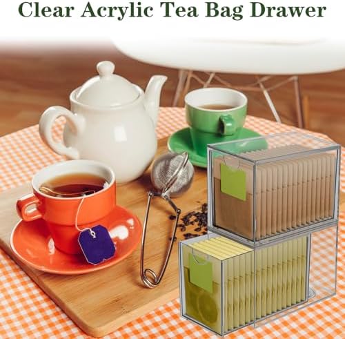 6 Pack Clear Acrylic Tea Bag Organizer Drawer, Stackable Tea Bag& Coffee Storage Container, Multi-Purpose Drawer Organizer for Drawer, Cabinet, Pantry, Kitchen, Countertop