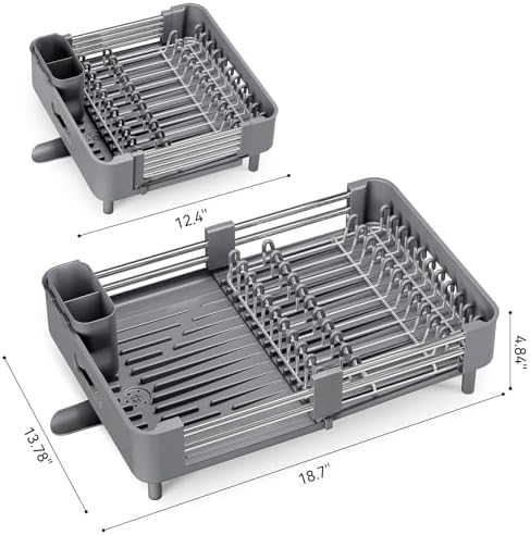 Extendable Stainless Dish Drying Rack for Kitchen Counter, Gray