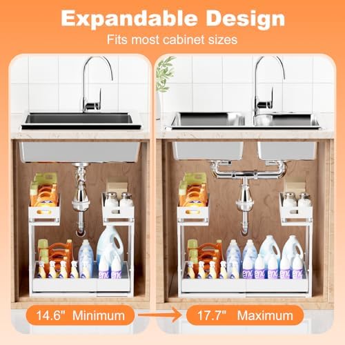 Upgrade 1 Pack Expandable Under Sink Organizer: 2-Tier Pull Out Cabinet with 3 Heavy-Duty Ball-Bearing Slide Rails, Tool-Free Height Adjustable, Slide-Out Drawers for Kitchen, Bathroom, Laundry