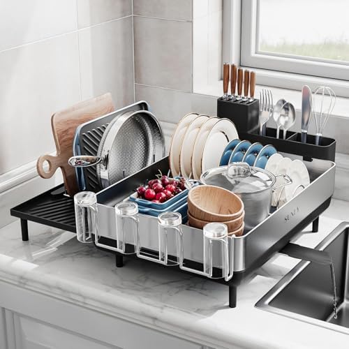 Large Dish Drying Rack, Expandable Dish Racks for Kitchen Counter, Space Saving 304 Stainless Steel Drying Rack Kitchen, Extra Large Drainer with Multifunctional Flip Up Pegs, Black