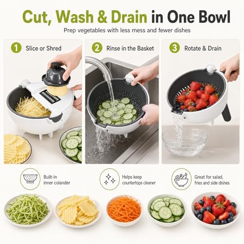 9-in-1 Vegetable Chopper with Drain Basket, Multifunction Food Cutter Slicer Dicer Grater with Interchangeable Blades and Container for Onion, Potato, Cucumber, Fruit and Meal Prep (1Pcs) - Image 3