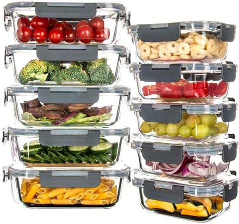 10 Pack Glass Food Storage Containers with Lids for Lunch, On-the-Go, Leftovers, Pantry Organization