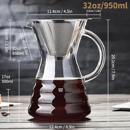 Pour Over Coffee Maker with Permanent Stainless Filter 27 fl oz, Thickened Heat-Resistant Borosilicate Glass Dripper Coffee Brewer, Stovetop Safe