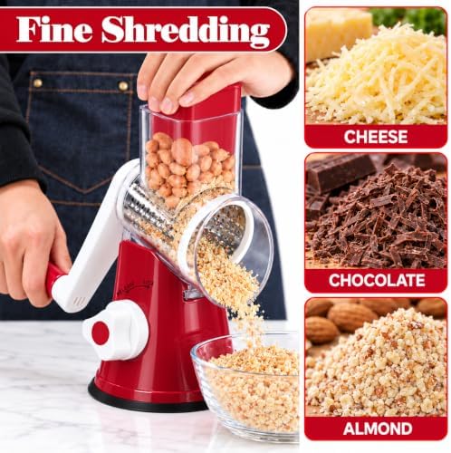 Rotary Cheese Grater Hand Crank, Cheese Shredder with Interchangeable Stainless Steel Blades, Vegetable Slicer with Strong Suction Base, Food Grater for Cheese, Potato, Carrot