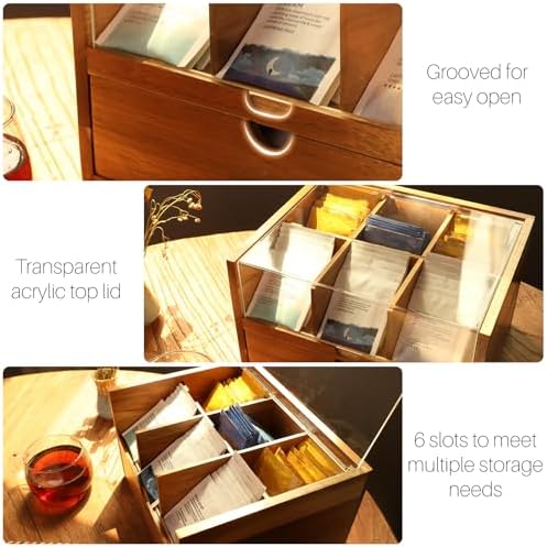 Acacia Wood Tea Organizer 2 Tier with Drawer,Large Capacity
