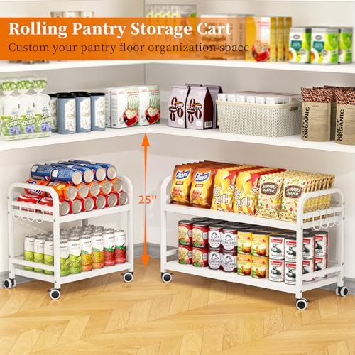 2-Tier Expandable Rolling Cart, Pantry Storage Cart with Wheels, Adjustable Rolling Pantry Floor Organizer