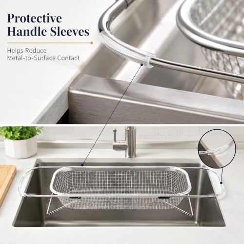 Expandable Over the Sink Colander, 14.6 x 10.6 Inch Stainless Steel Mesh Strainer Basket with Extendable Handles and Folding Feet for Washing Fruit, Vegetables and Draining Dishes, Large
