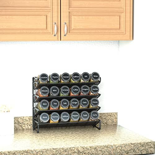 Spice Rack Organizer with 24 Spice Jars, 386 Spice Labels, Chalk Marker and Funnel Set for Cabinet, Countertop, Pantry, Cupboard or Door & Wall Mount -24 Jars, 11.8" W × 10.8" H, Black