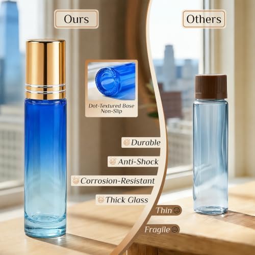 PrettyCare 4 Pack, 10 ml Essential Oil Roller Bottles with Stainless Steel Roller Ball - Refillable Leak-proof Empty Thick Blue& Yellow Glass Roll on Bottles with Golden Caps for Travel, Perfume - Image 5