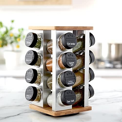 16 Jar Warner Revolving Countertop Spice Rack Organizer with Lift & Pour Caps and Spices Included, FREE Spice Refills for 5 years, Stainless Steel & Bamboo with Black Caps