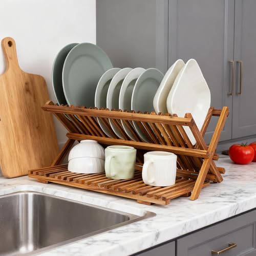 Large Teak Dish Drying Rack, Wood Collapsible Organizer for Plates