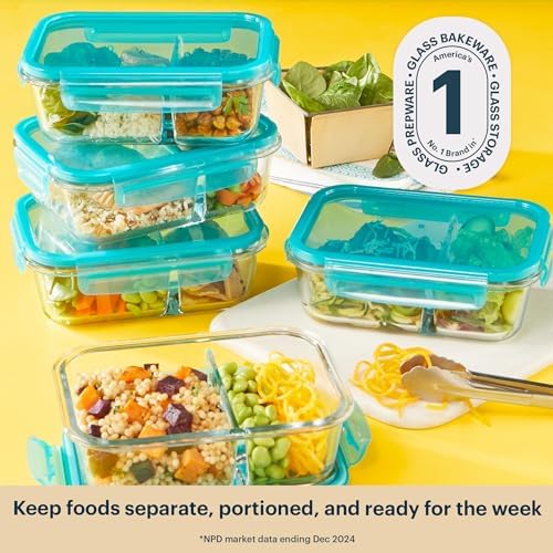Glass Meal Box (5-Pack, 4 Cup) Divided Compartments, Locking Lids