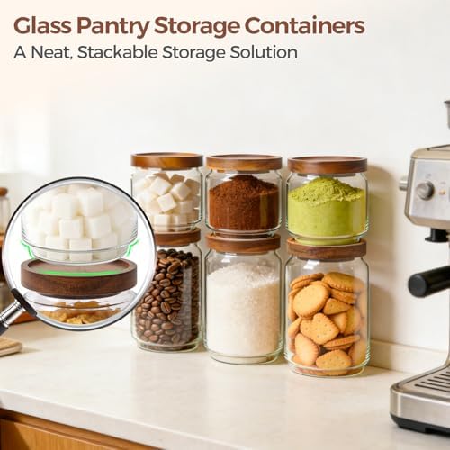 Glass Pantry Storage Container with Acacia Wood Lids 1.1/0.5Qt 6Pack