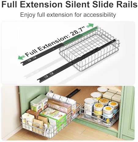 Pull out Cabinet Organizer, Stainless Steel 2-Pack Slide out Drawer with Silent Full-Extension Slides, Adhesive Roll out Can Spice Storage Basket Shelf Rack for Pantry, Kitchen, Bathroom, Home Closet