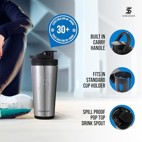 Insulated Stainless Steel Shaker Bottle | 26oz, Stainless Steel | Cold for 30+ Hours | Insulated Cup with Twist-on Agitator | Odor-Free Bottle for Protein Shakes, Water, Cocktails