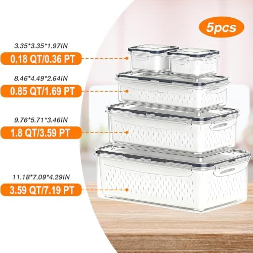 5 Pack Fruit Storage Containers for Fridge, Stackable Leakproof Food Keeper with Removable Colander, BPA-Free Produce Saver for Vegetables, Berries & Meat