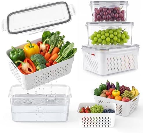 5 Pack Large Fruit Storage Containers for Fridge Set, Removable Colander