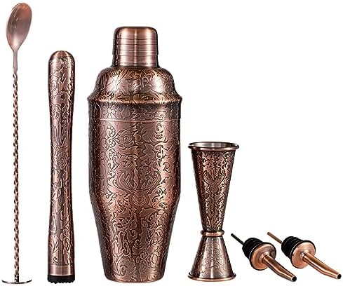 3D Etching Cocktail Shaker Set Bartender Kit with Cocktail Shaker,Jigger, Muddler, Bar Spoon, Bar Accessory Tools, Reindeer Deer Head Pattern, Stainless Steel, Copper Plated