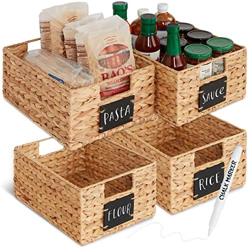 Set of 4 9x12in Water Hyacinth Pantry Baskets, Woven Organizers w/Chalkboard Label, Chalk Marker - Natural