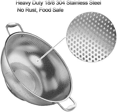 Large 6-Qt Colander, 18/8 Stainless Steel Mesh Strainer for Kitchen, Food Sieve with Riveted Handles and Self-draining Solid Ring Base, Great for Pasta, Rice, Vegetables and Fruits