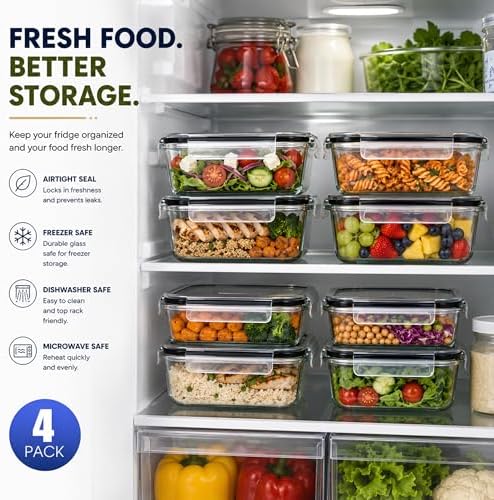 Glass Meal Prep Containers, Airtight Lids (4 Rectangular Vented Lid)