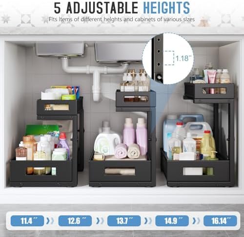 2-Pack Under Sink Storage Organizer, Large 2-Tier Elegant Mesh Pull Out Shelf for Kitchen and Bathroom Cabinet Organization, L-Shaped and Adjustable Height Design,Patent Pending-Black