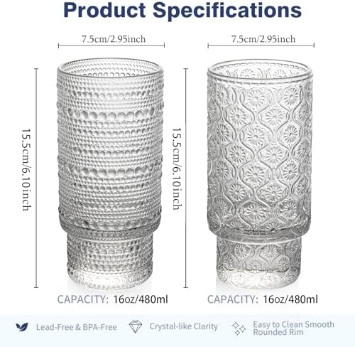 16oz Drinking Glasses Set of 4, 2 Hobnail Glasses & 2 Embossed Water Goblets, Flower Design Stackable Vintage Tumbler Glasses, Old Fashion Beaded Glass Cups for Cocktail, Iced Coffee, Beer