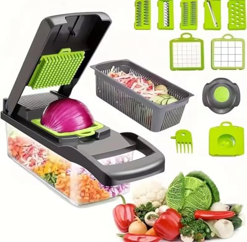 Veggie slicer 16 pieces (Gray, 1) 16 pieces hand operated vegetable slicer, veggie chopper, food chopper, onion cutter. by Unknown