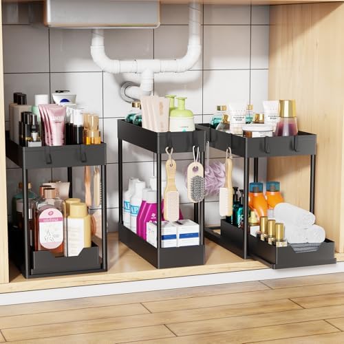 Under Sink Organizer 3 Pack, with Sliding Drawer, Black